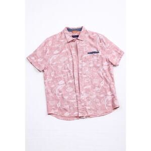 Tommy Bahama Cotton Graphic Print Short Sleeve Button-Up Shirt Pink XXL Beach